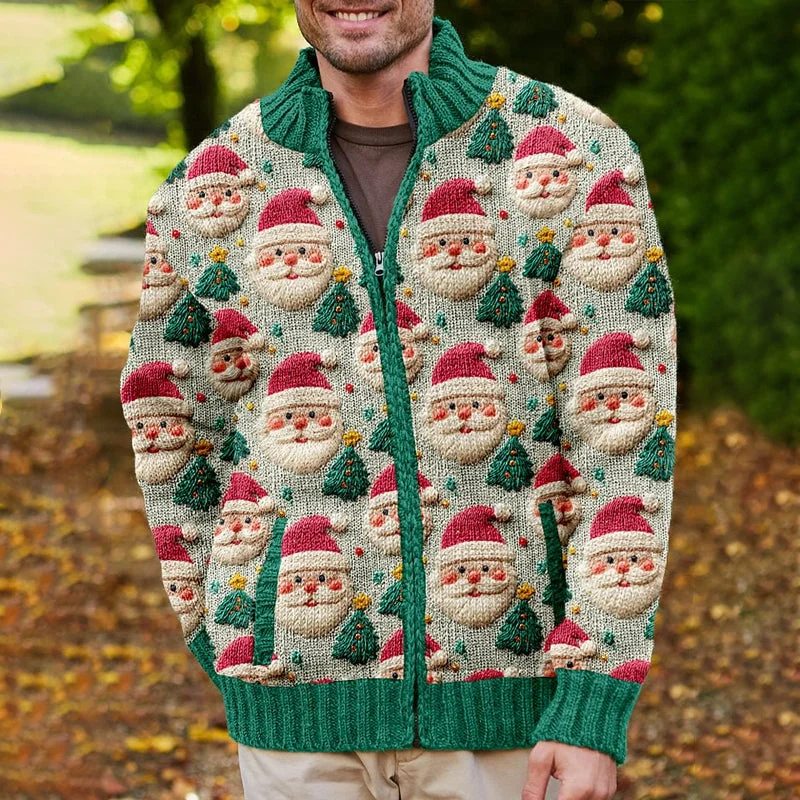 Men's Cute Santa Claus And Christmas Tree Knitted Cozy Cardigan