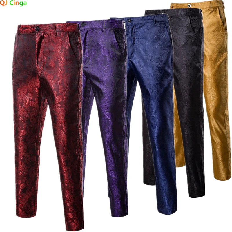 Spring Thin Purple Floral Suit Pants Men Wedding Party Dresses Pants Fashion Casual Trousers