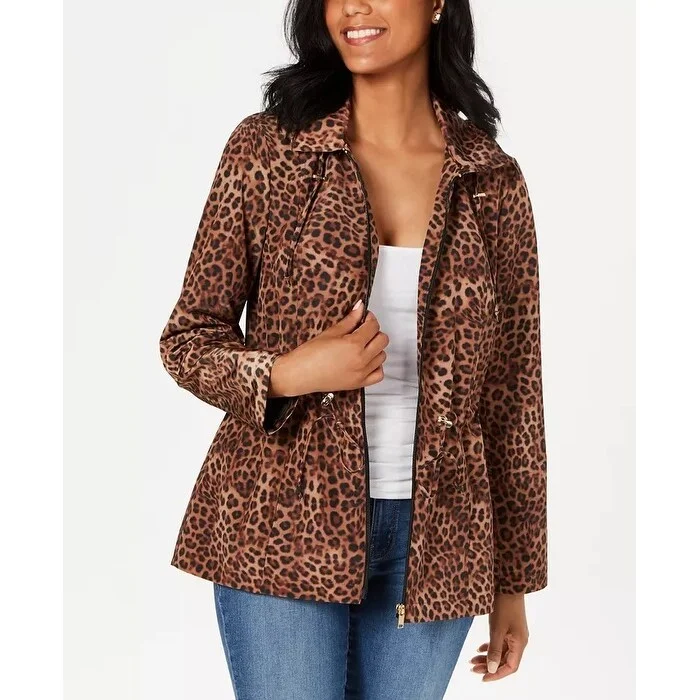 Charter Club Women's Petite Leopard-Print Zipper-Print Jacket Beige Size Petite