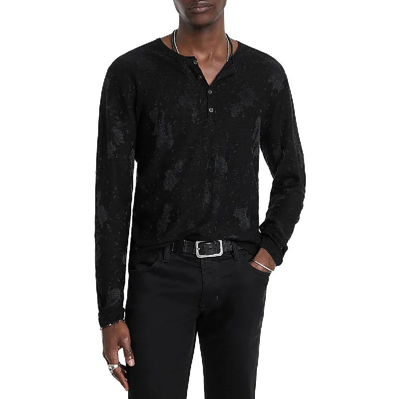 John Varvatos Mens Linen Blend Embroidered Henley Shirt