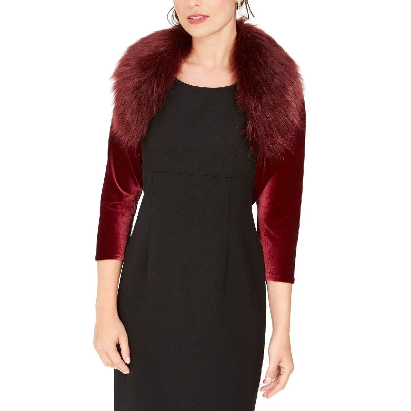 Tahari ASL Women's Velvet Faux-Fur-Collar Shrug Red Size Medium