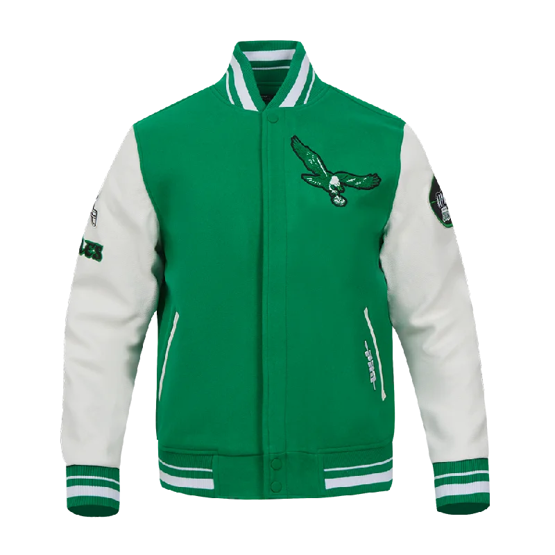 NFL PHILADELPHIA EAGLES RETRO OLD ENGLISH MEN'S WOOL VARSITY JACKET (KELLY GREEN/ WHITE)