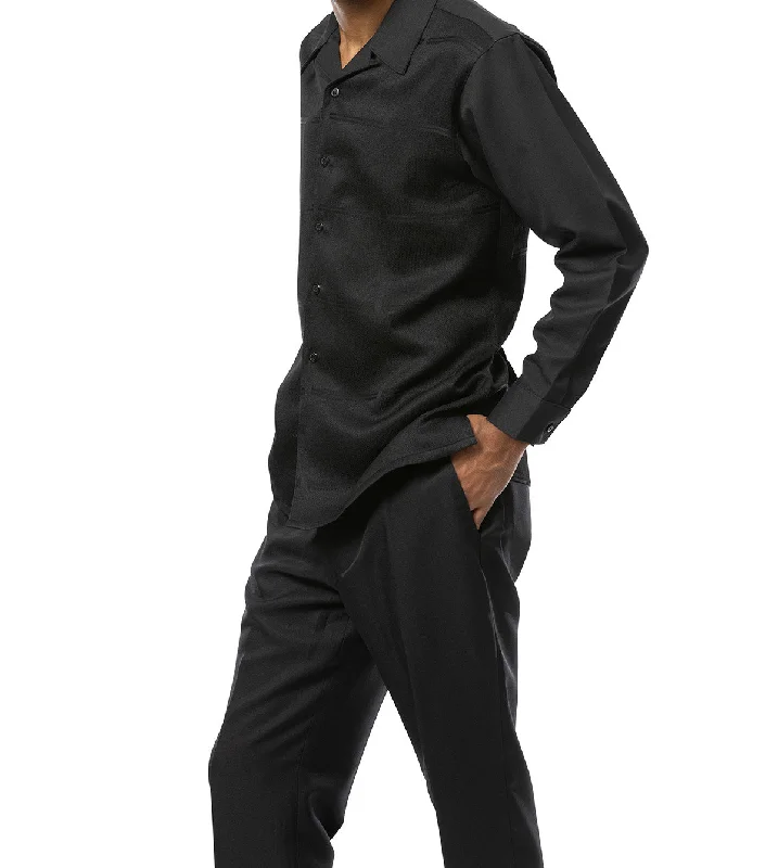 Black Tone-on-Tone 2 Piece Long Sleeve Walking Suit Set