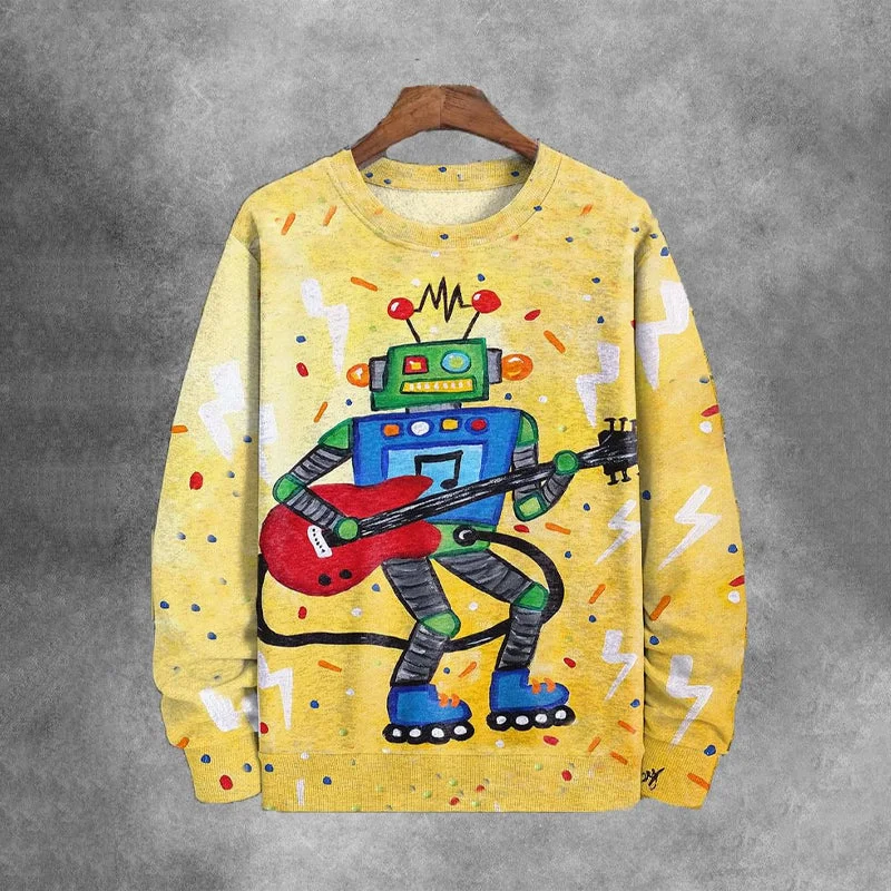 Men's Robot Playing Guitar Art Print Casual  Sweater