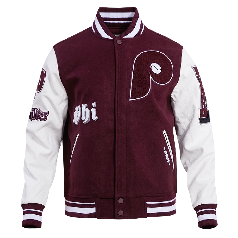 MLB PHILADELPHIA PHILLIES OLD ENGLISH WOOL MEN'S VARSITY JACKET (WINE/WHITE)