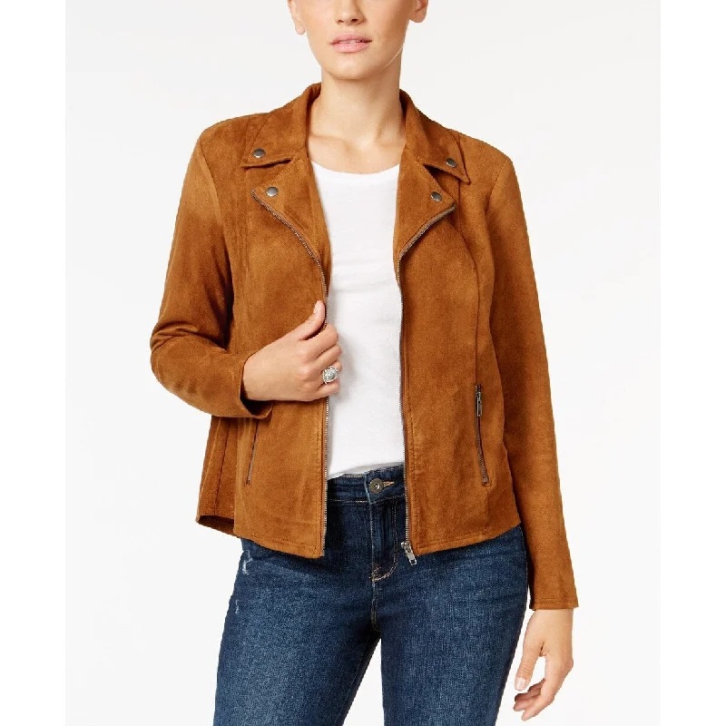 Style & Co Women's Faux-Suede Moto Jacket Brown Size Large