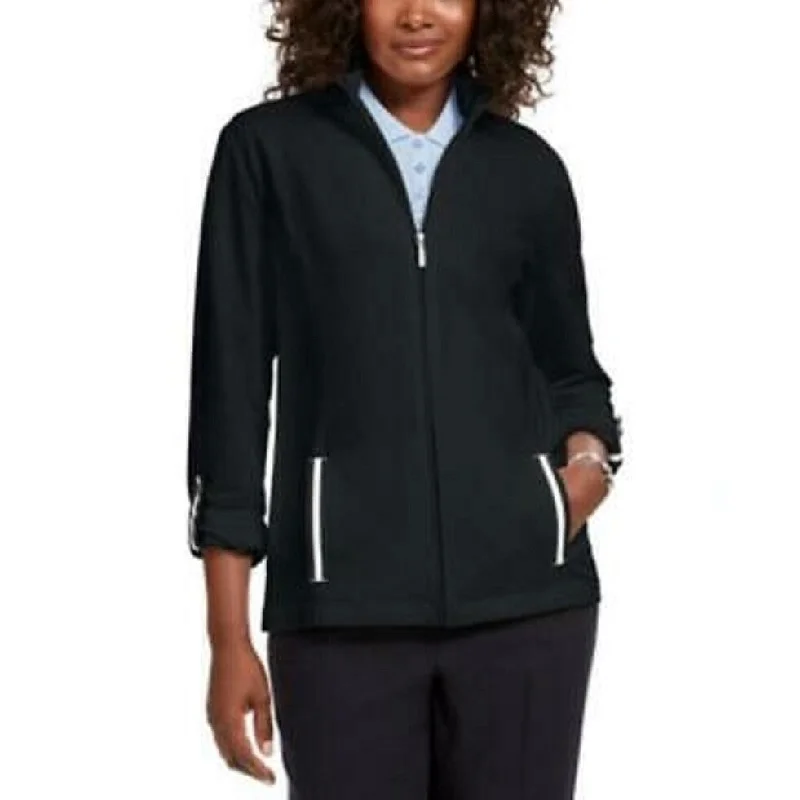 Karen Scott Women's Sport French Terry Ribbon-Trim Jacket Black Size Extra Large