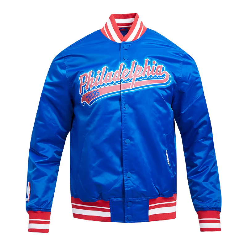 NBA PHILADELPHIA 76ers SCRIPT TAIL MEN'S SATIN JACKET (ROYAL BLUE/RED)