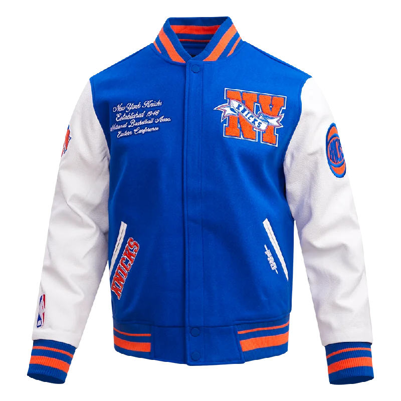 NBA NEW YORK KNICKS TEAM PENNANTS MEN'S RIB WOOL VARSITY JACKET (ROYAL/ORANGE/ROYAL)