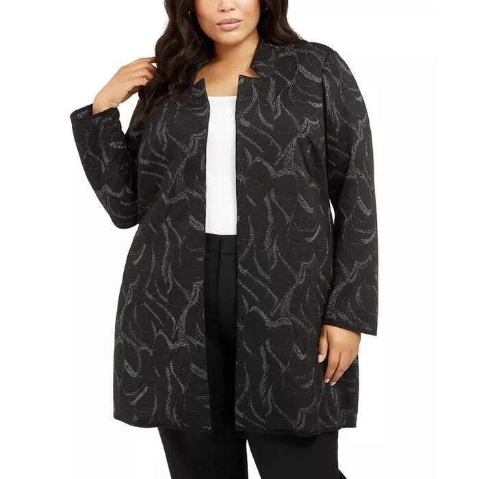 Alfani Women's Plus Size Metallic Jacquard Long Jacket Black Size 2X