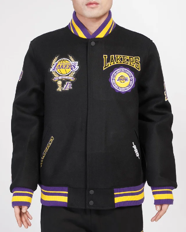 NBA LOS ANGELES LAKERS CREST EMBLEM MEN'S RIB WOOL VARSITY JACKET (BLACK/PURPLE)