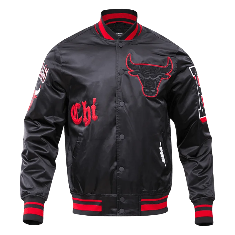 NBA CHICAGO BULLS OLD ENGLISH LOGO MEN'S SATIN JACKET (BLACK)