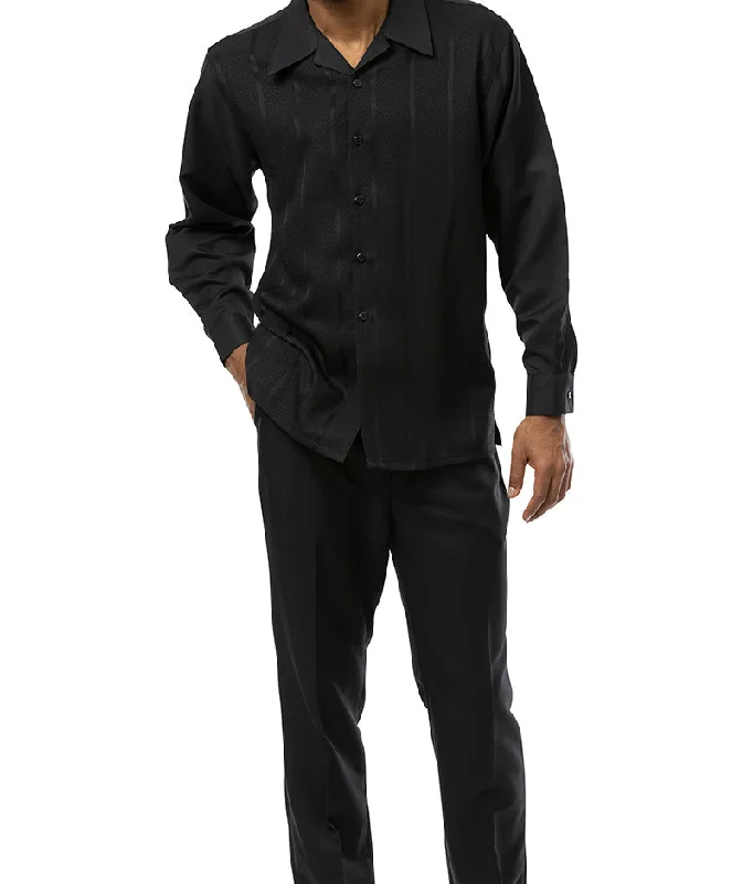 Black Tone-on-Tone 2 Piece Long Sleeve Walking Suit Set