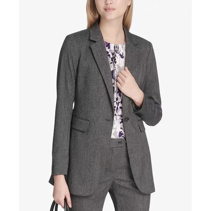 Calvin Klein Women's Petite Herringbone One Button Jacket Medium Grey Size 1