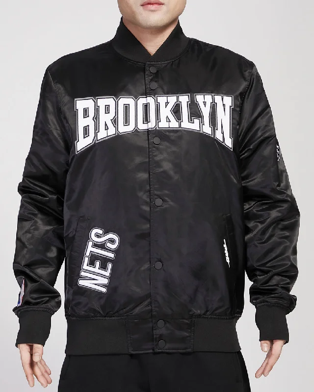 NBA BROOKLYN NETS CREST EMBLEM MEN'S SATIN JACKET (BLACK)