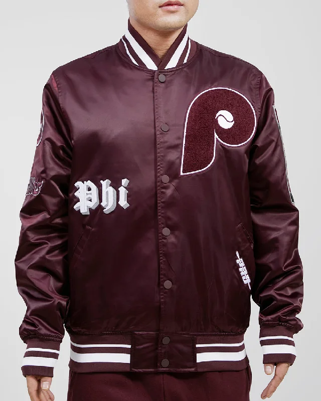 MLB PHILADELPHIA PHILLIES OLD ENGLISH MEN'S SATIN JACKET (WINE)