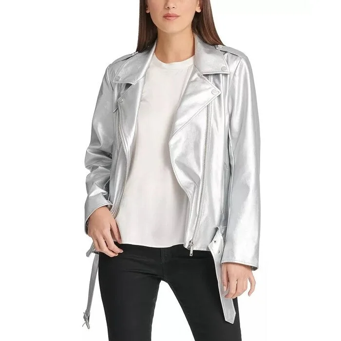 DKNY Women's Metallic Moto Jacket Silver Size Small