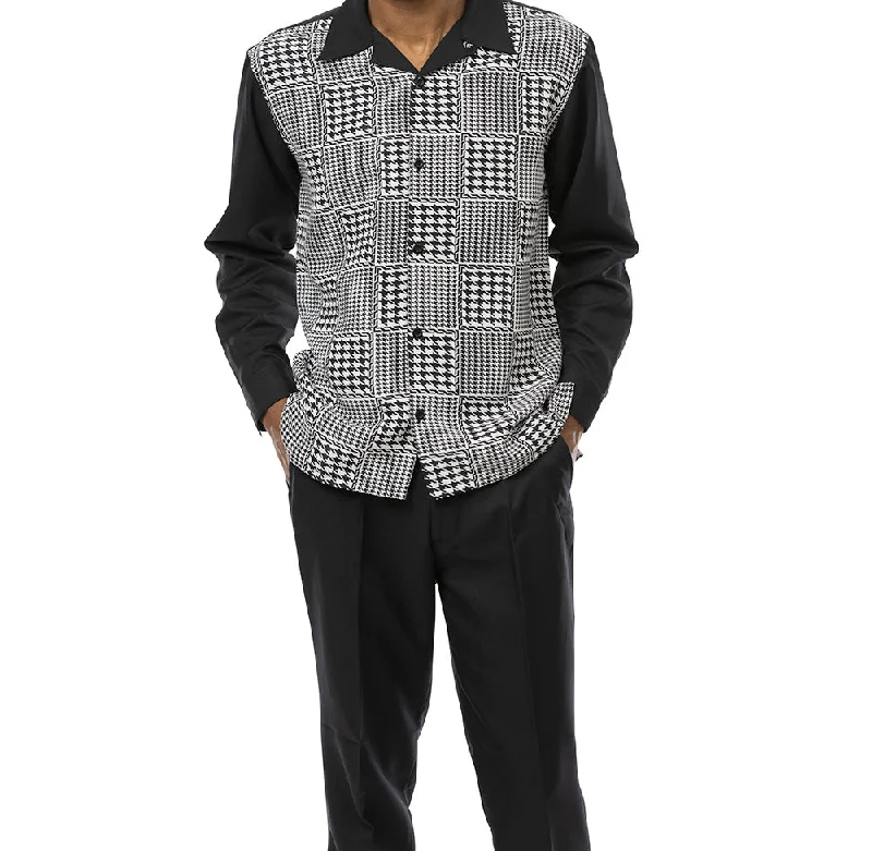 Black Square Patterned 2 Piece Long Sleeve Walking Suit Set