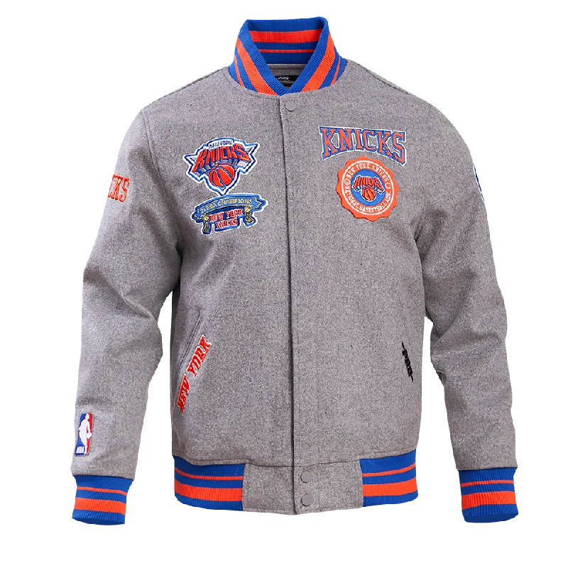 NBA NEW YORK KNICKS CREST EMBLEM MEN'S RIB WOOL VARSITY JACKET (HEATHER GREY/ROYAL/ORANGE)