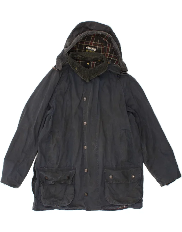 BARBOUR Mens Beaufort Hooded Waxed Jacket UK 36 Small Navy Blue Cotton