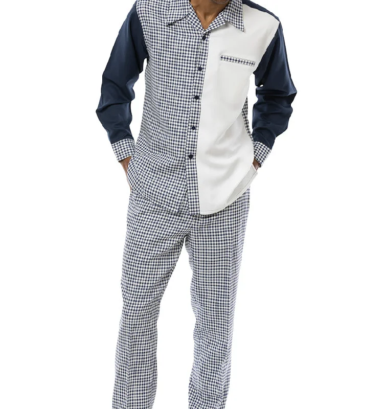 Navy Checkered 2 Piece Long Sleeve Walking Suit Set