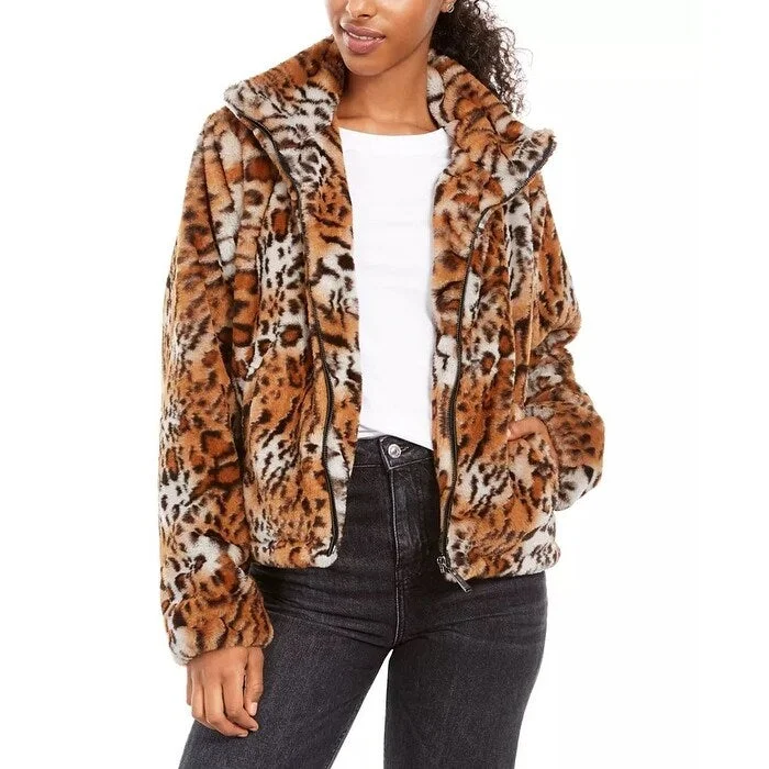 Jou Jou Junior's Faux Fur Animal Print Jacket Brown Size Large