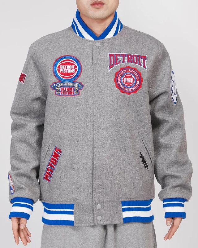 NBA DETROIT PISTONS CREST EMBLEM MEN'S RIB WOOL VARSITY JACKET (HEATHER GREY/ROYAL)