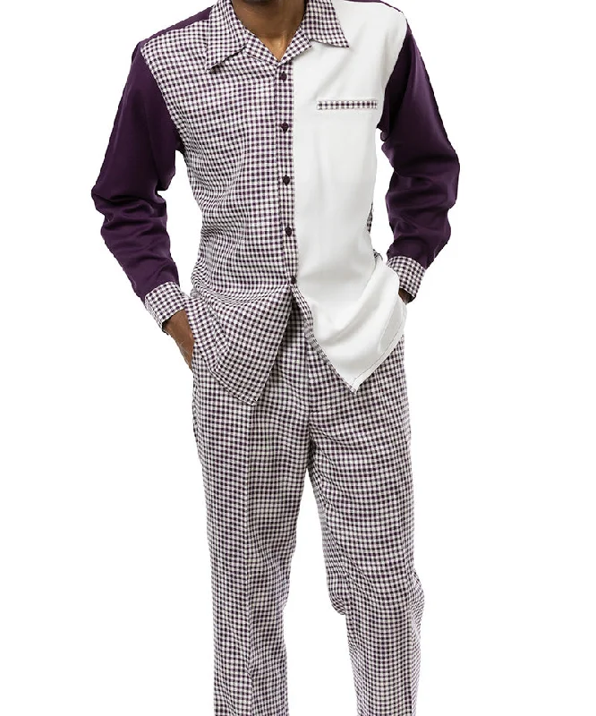 Plum Checkered 2 Piece Long Sleeve Walking Suit Set