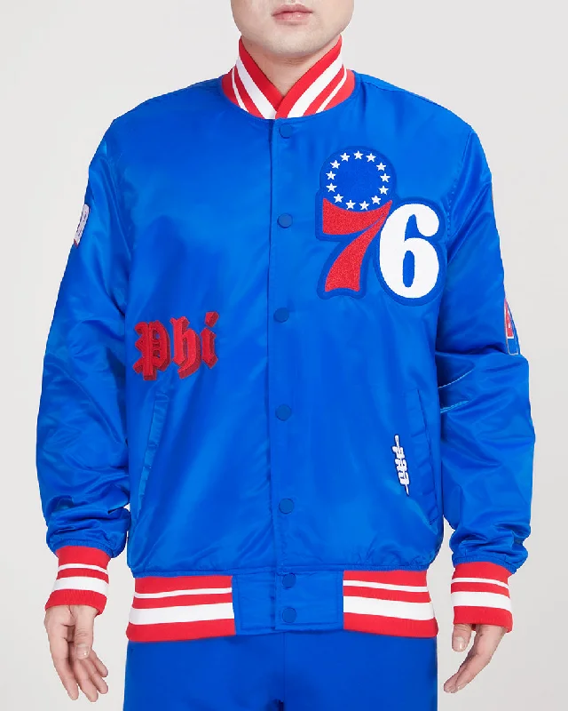 NBA PHILADELPHIA 76ERS OLD ENGLISH MEN'S SATIN JACKET (ROYAL BLUE)