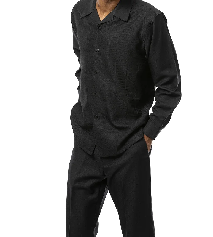 Black Tone-on-Tone Design 2 Piece Long Sleeve Walking Suit Set