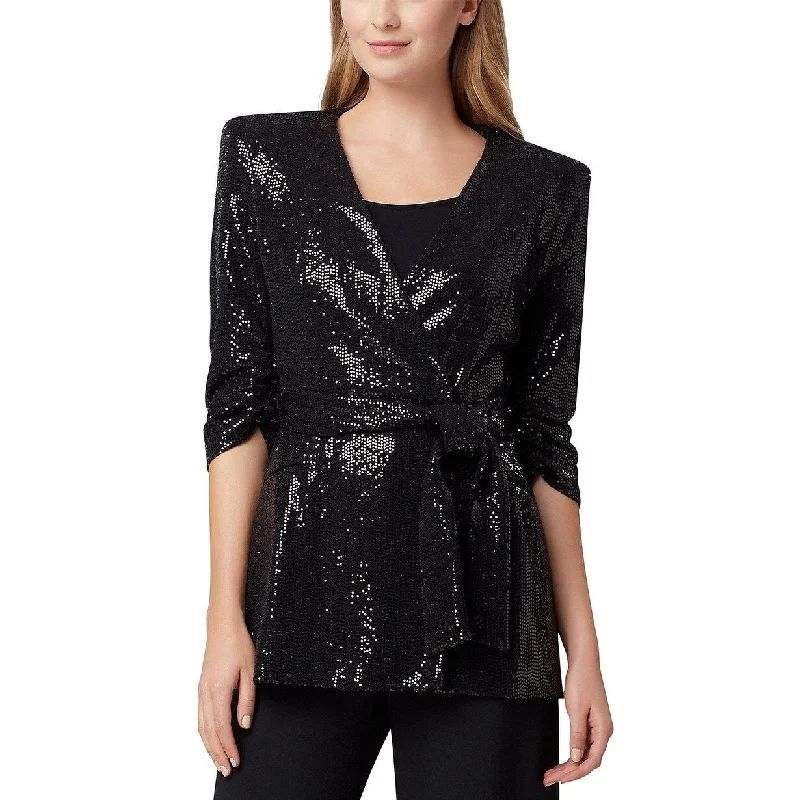 Tahari ASL Women's Sequin Tie Front Smoking Jacket Black Size Small