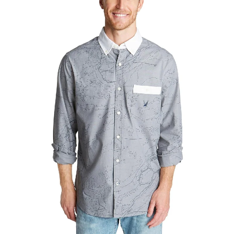 Nautica Blue Mens Oxford Map-Print Casual Shirt