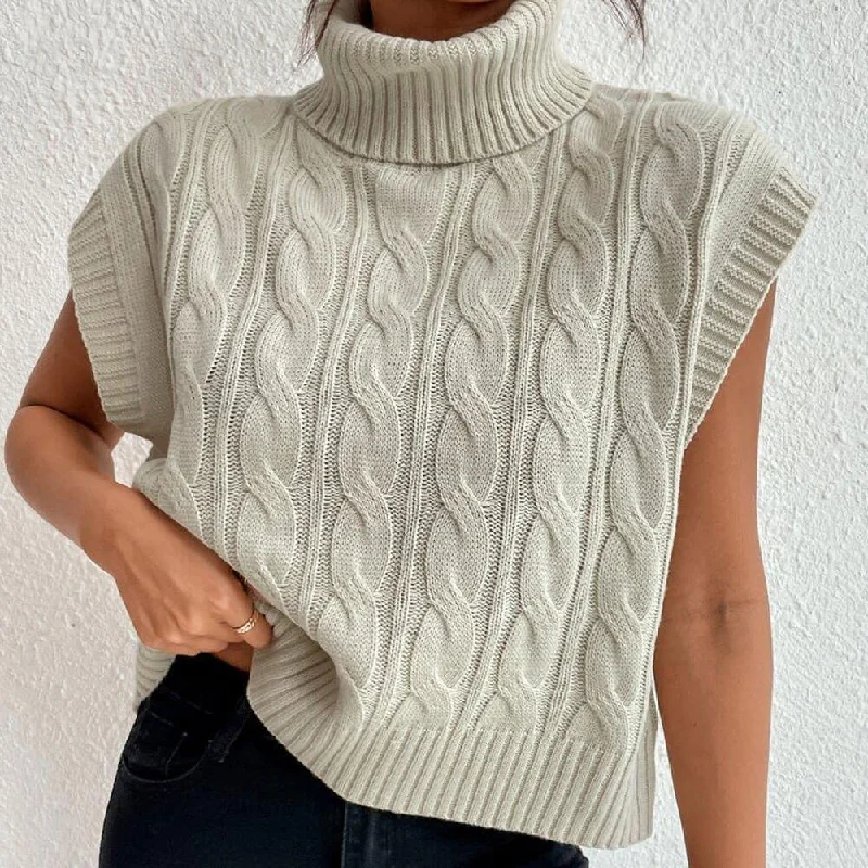 Vintage Solid Color Turtleneck Cap Sleeve Cable Knit Pullover Sweater Vest