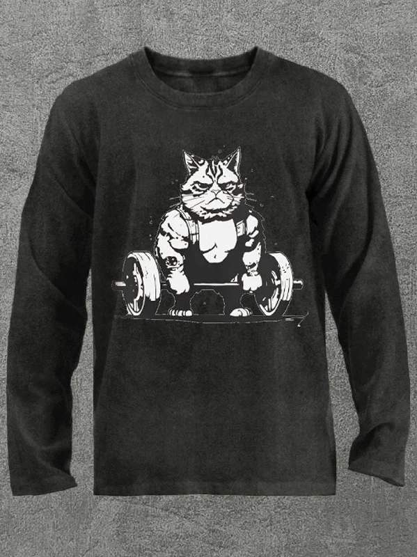 weightlifting cat  Washed Gym Long Sleeve Shirt