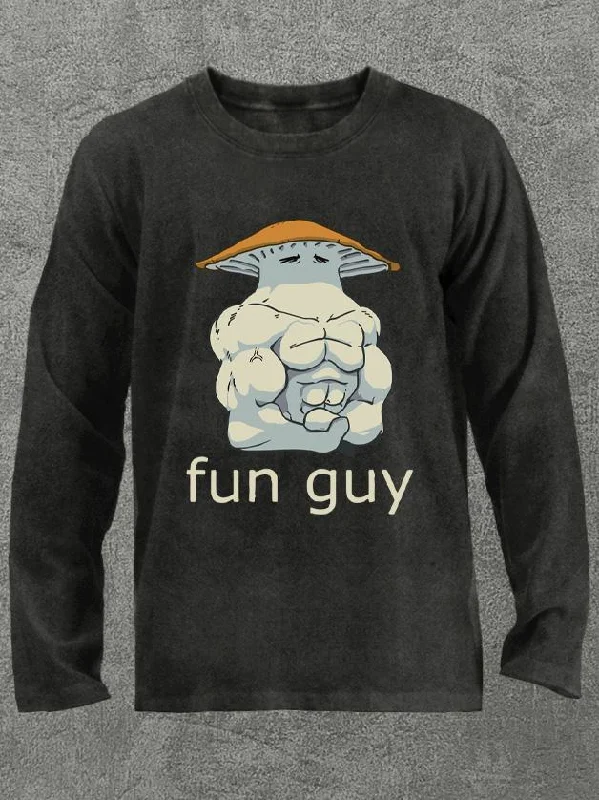 fun guy bodybuilder mushroom Washed Gym Long Sleeve Shirt