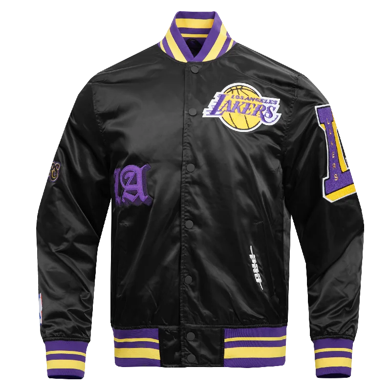 NBA LOS ANGELES LAKERS OLD ENGLISH MEN'S LOGO SATIN JACKET (BLACK/PURPLE)