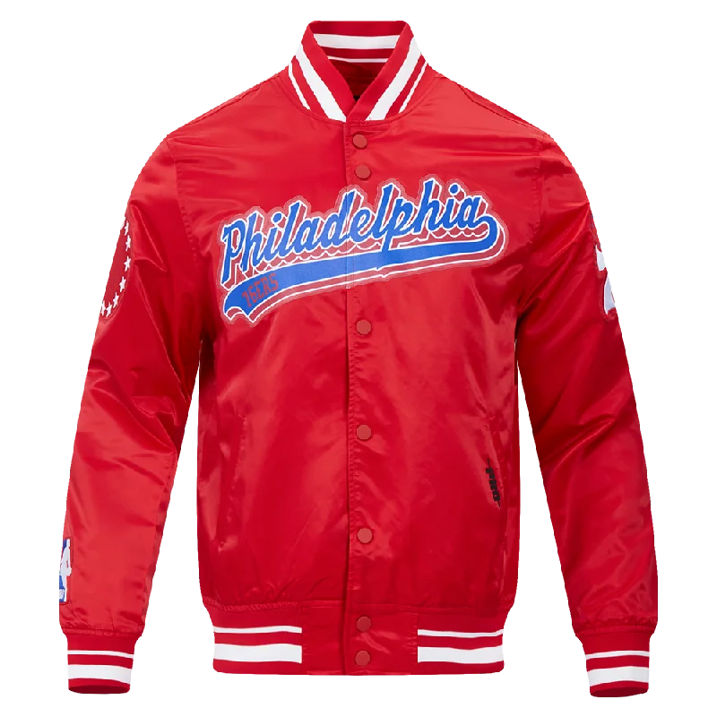 NBA PHILADELPHIA 76ers SCRIPT TAIL MEN'S SATIN JACKET (RED)