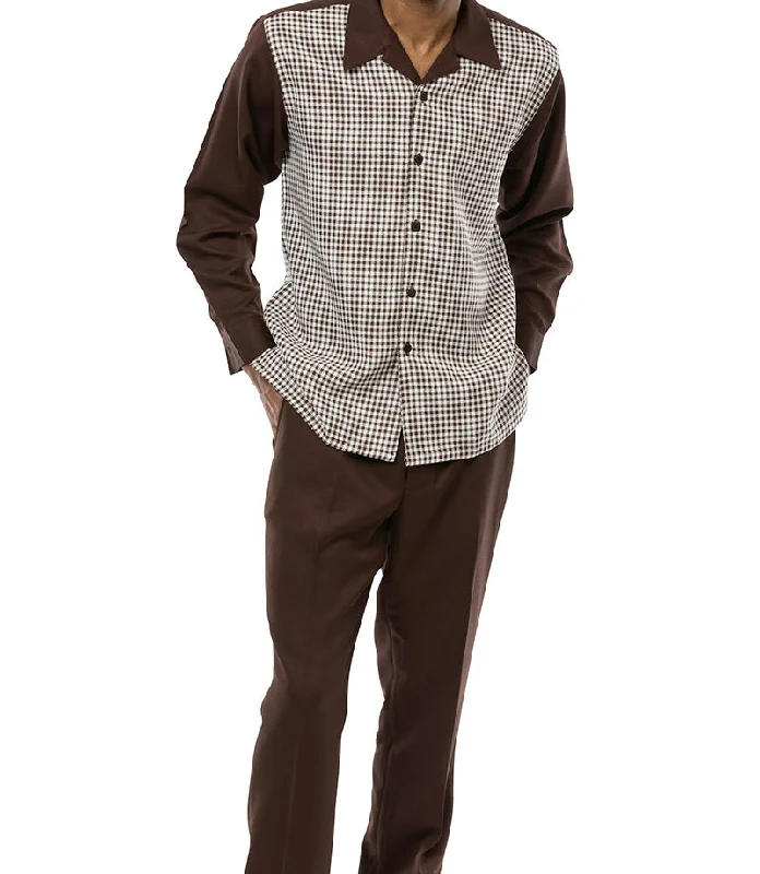 Brown Mini-Checkered 2 Piece Long Sleeve Walking Suit Set