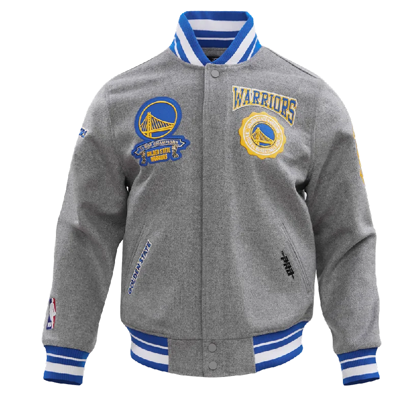 NBA GOLDEN STATE WARRIORS CREST EMBLEM MEN'S RIB WOOL VARSITY JACKET (HEATHER GREY/ROYAL)