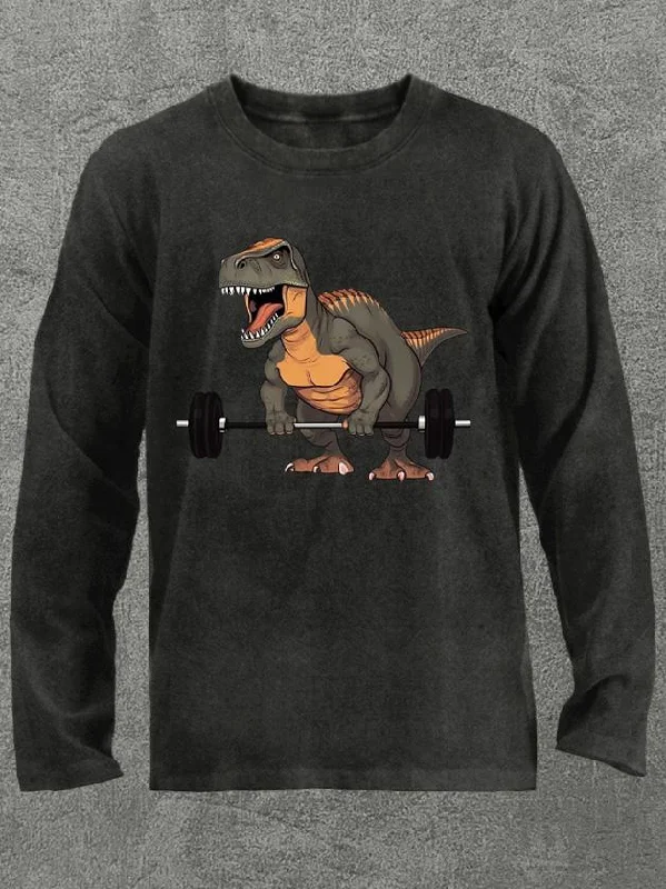 weighlifting dinosaur Washed Gym Long Sleeve Shirt