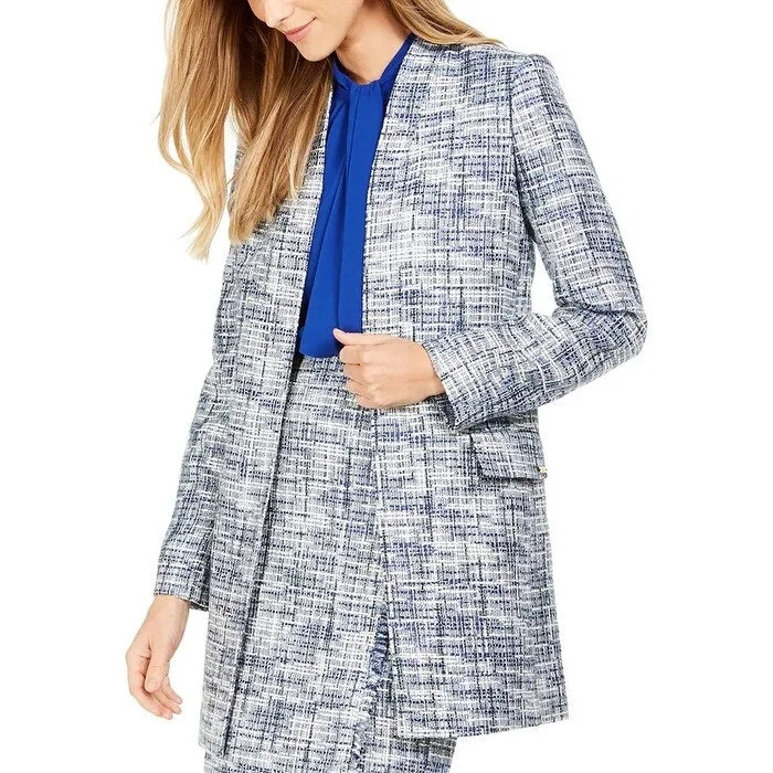 Calvin Klein Women's Tweed Collarless Topper Jacket Blue Size 14