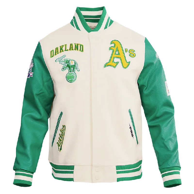 MLB OAKLAND ATHLETICS RETRO CLASSIC MEN'S RIB WOOL VARSITY JACKET (EGGSHELL/KELLY GREEN)