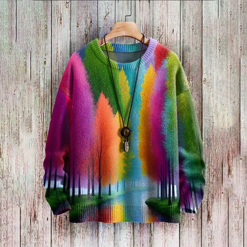 Multicolor Tree Art Print Casual Knit Pullover Sweater