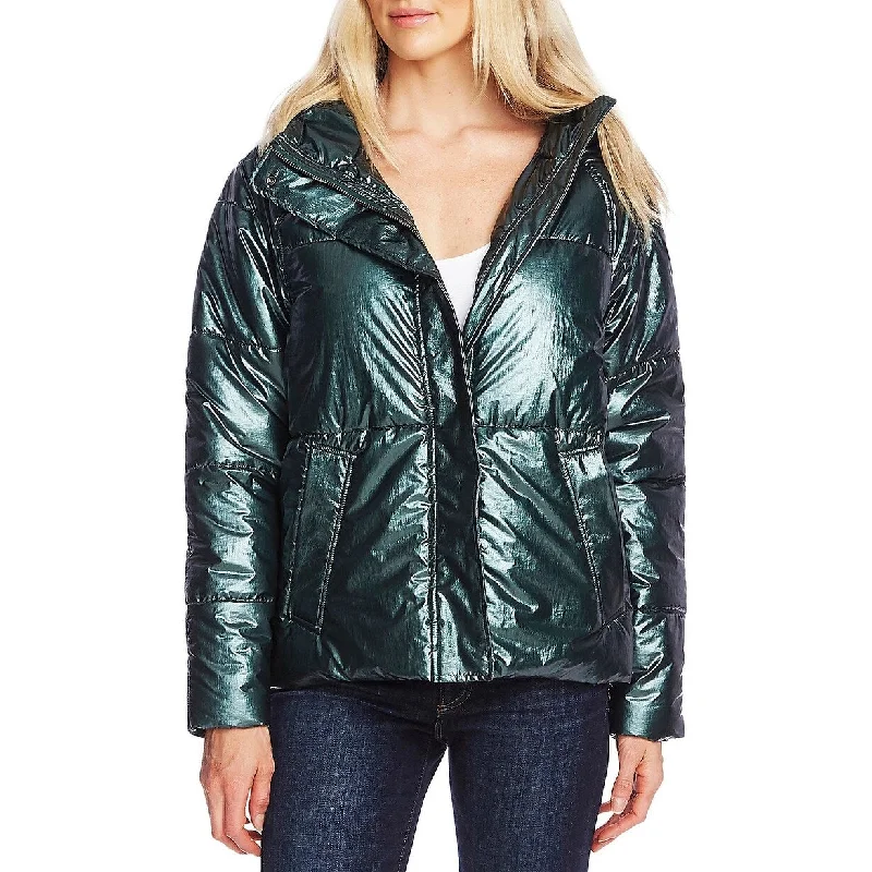 Vince Camuto Women's Metallic Hooded Puffer Jacket Green Beige Size Medium