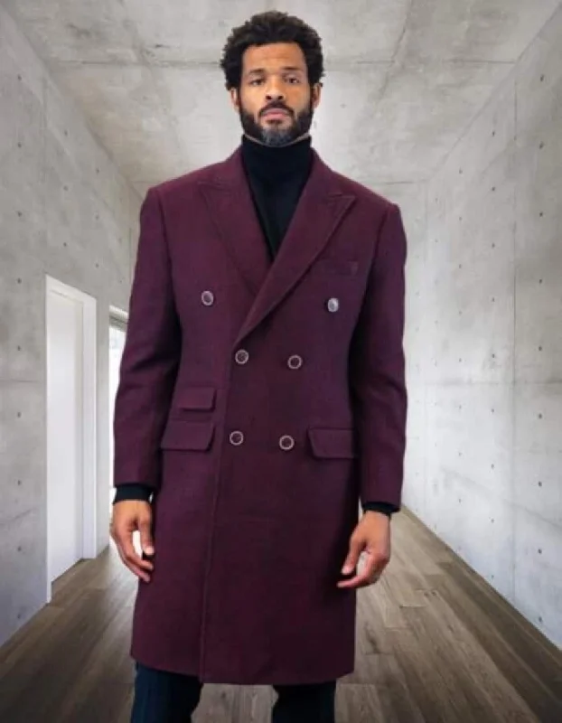 Mens Overcoat - Topcoat For Men - Winter Fabric - Statement Double Breasted Burgundy Overcoat