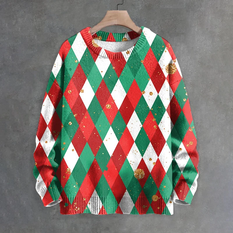 Men's Christmas Argyle Color Blocks Print Sweater