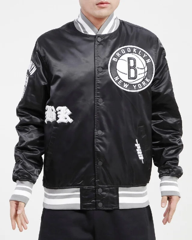 NBA BROOKLYN NETS OLD ENGLISH MEN'S SATIN JACKET (BLACK)