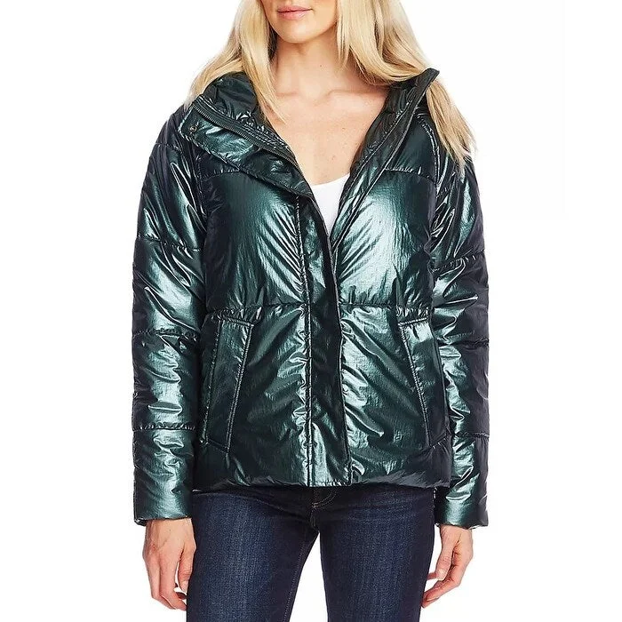 Vince Camuto Women's Metallic Hooded Puffer Jacket Green Beige Size L - Large