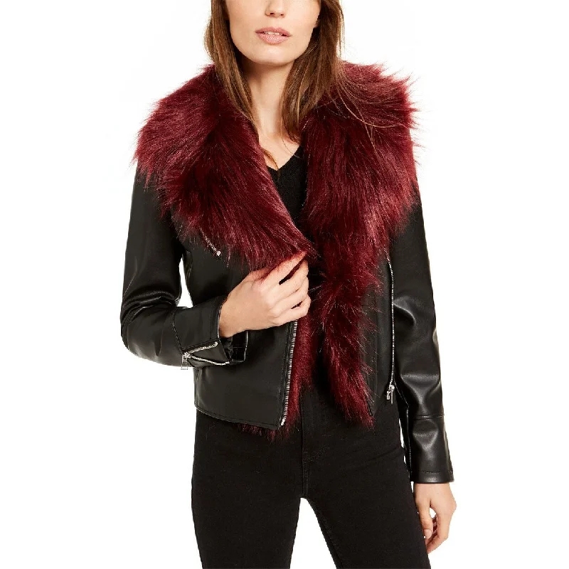 Bar III Women's Faux-Fur-Trim Moto Jacket Black Size Small