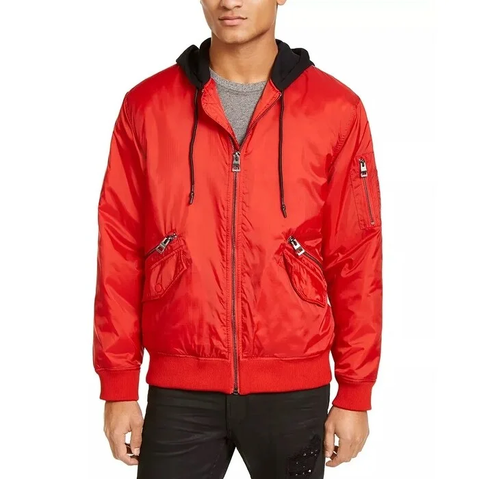 Guess Men's New Wave Hooded Bomber Jacket Red Size Small